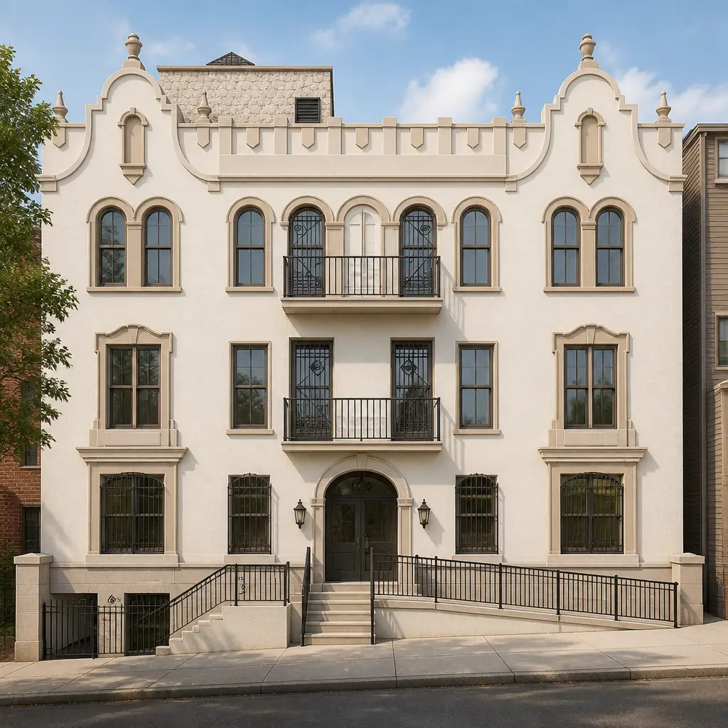 Illustrative AI-generated exterior rendering of 2323 Newkirk based on the supplied architectural elevation