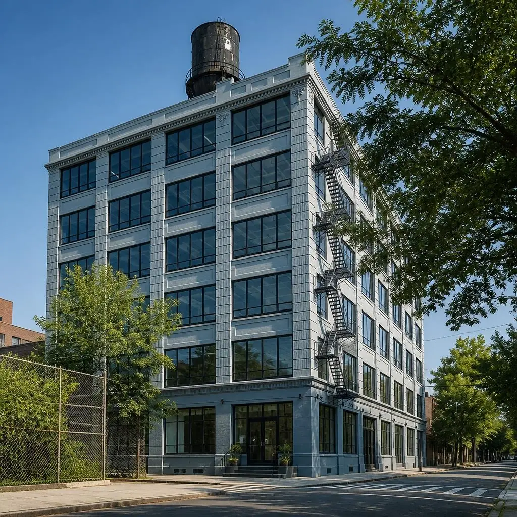 Illustrative AI-edited exterior rendering of 295 Front Street in DUMBO, showing the building base, sidewalk, and street