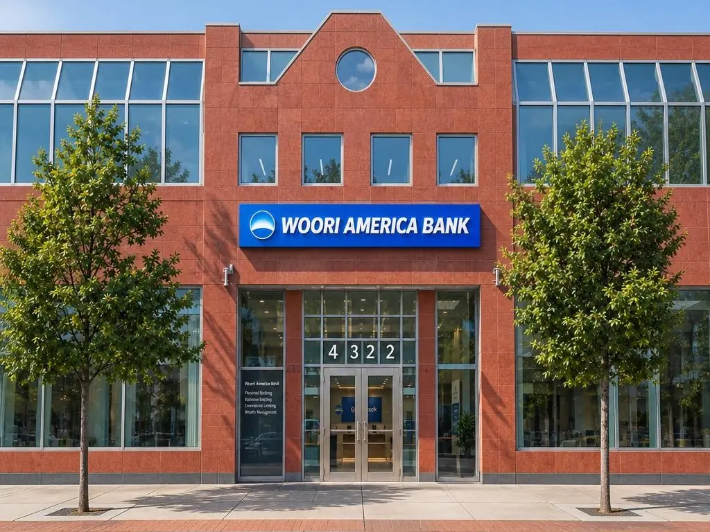 AI-edited exterior photograph of Woori America Bank's Woodside branch at 43-22 50th Street, Woodside, NY 11377