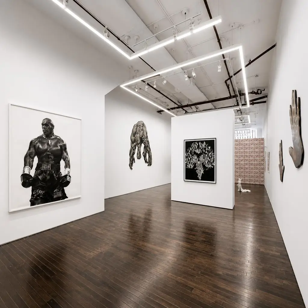 Illustrative interior rendering of Cristin Tierney Gallery at 49 Walker St, based on the supplied gallery photo