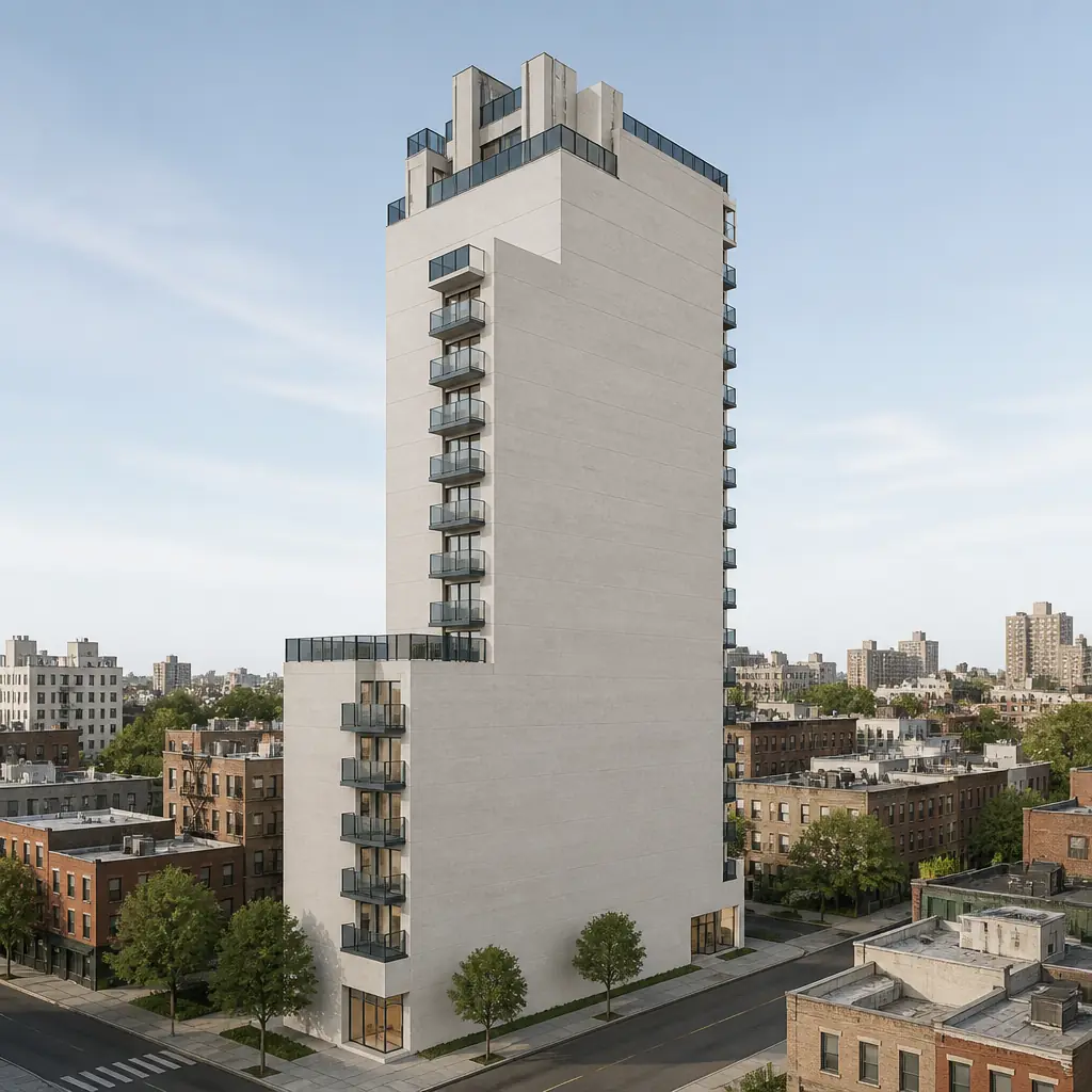 Illustrative AI-generated tower rendering of 515 West 27th based on the supplied axonometric drawing