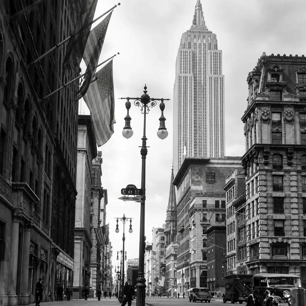 Black-and-white view of Fifth Avenue in New York City in 1933, with historic buildings and period cars.