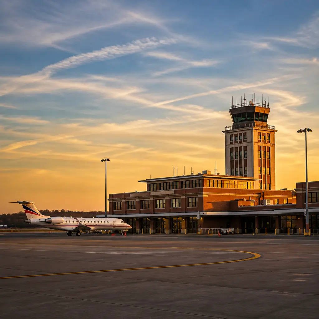 Illustrative architectural rendering of HPN Airport, showing the Westchester County Airport terminal, control tower, and aircraft.